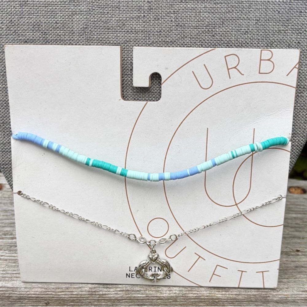 Two Urban Outfitters (OU) Silver Dolphin/Heart & Blue Bead Layer Necklaces NWT